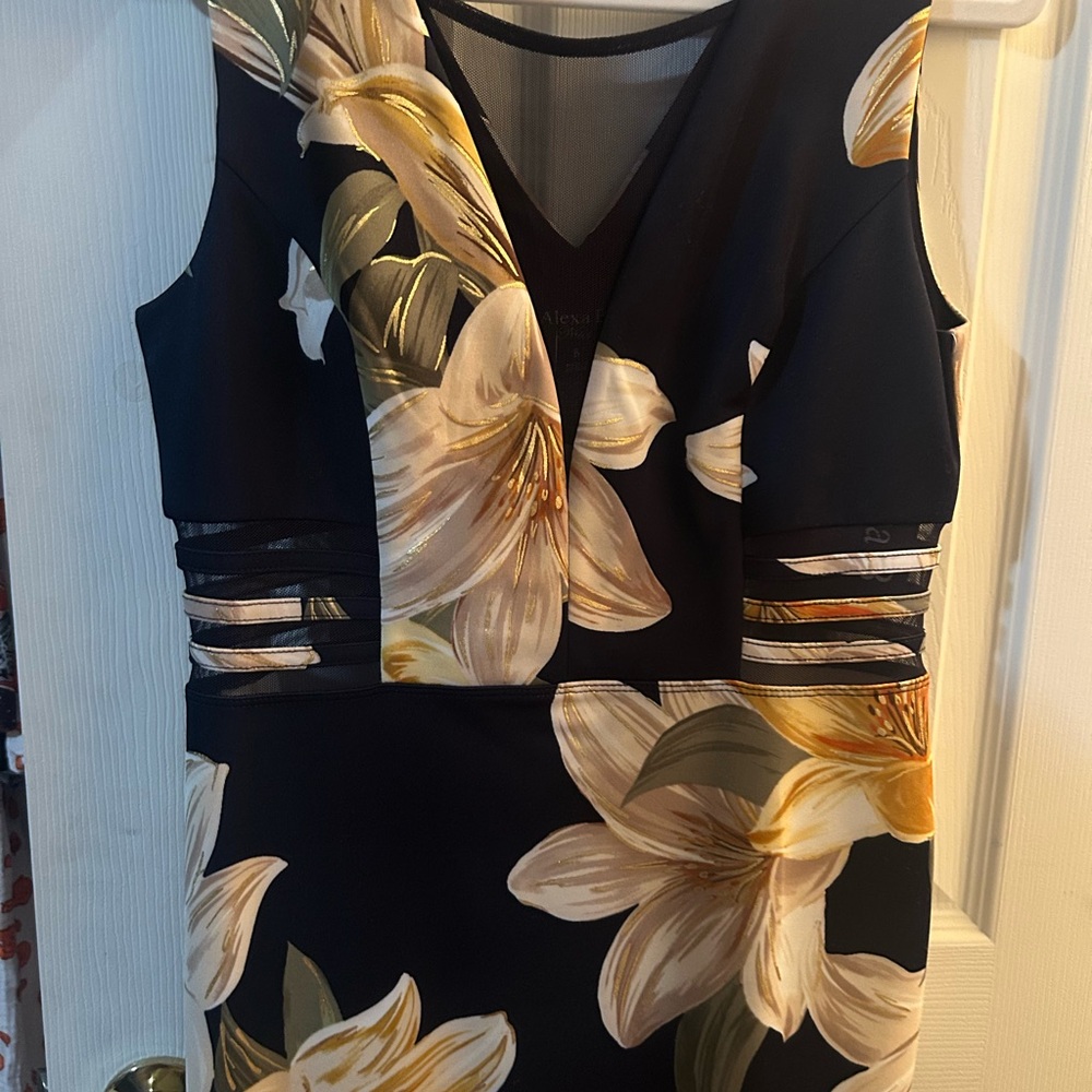 One-Shoulder Black Dress with Gold Floral Print